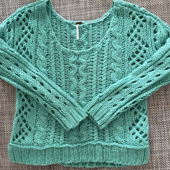 FREE PEOPLE Fluff Open Cable Knit Slouchy Mohair/Wool Sweater Pistachio Green S - Picture 2 of 6